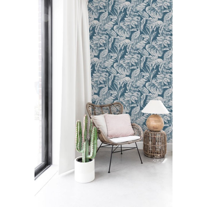 Papel pintado tucán y hojas tropicales azul - Toucan Jungle 127337