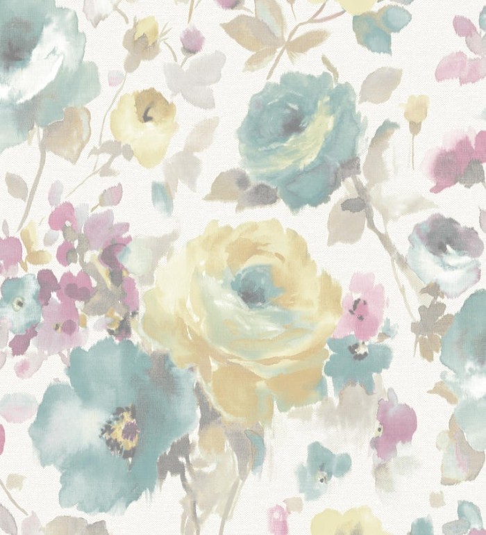 Papel pintado flores grandes estilo romántico tonos turquesas y amarillos - Country Rose 127403