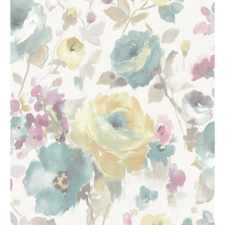 Papel pintado flores grandes estilo romántico tonos turquesas y amarillos - Country Rose 127403