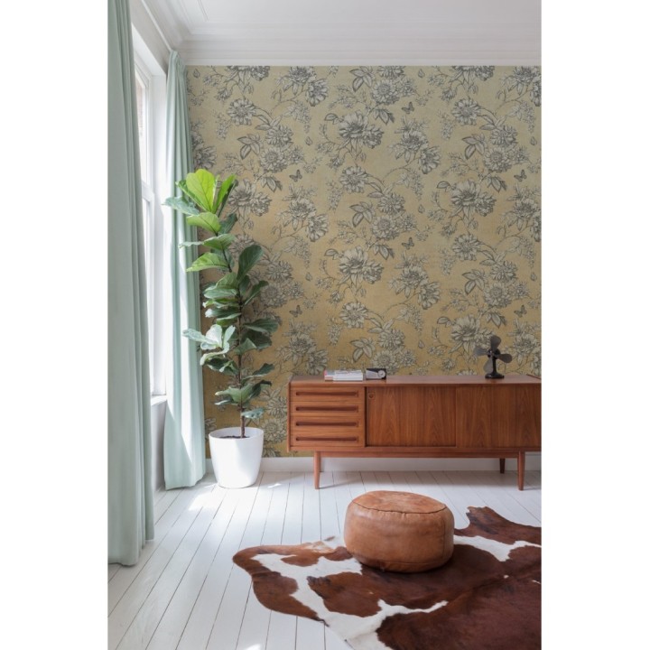Papel pintado flores en rama fondo ocre - Valentina 127429