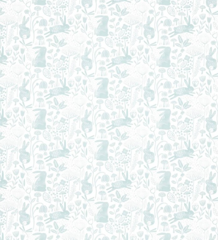 Papel pintado infantil conejitos saltando tonos celeste - Bunny Country 127436