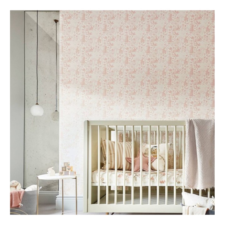 Papel pintado infantil conejitos saltando tonos rosas - Bunny Country 127437