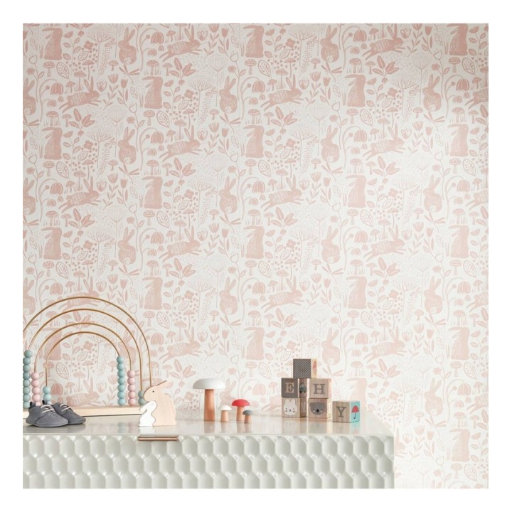 Papel pintado infantil conejitos saltando tonos rosas - Bunny Country 127437