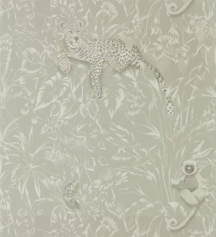 Papel pintado leopardos y monos sobre hojas tonos claros - Mugamba Jungle 127469