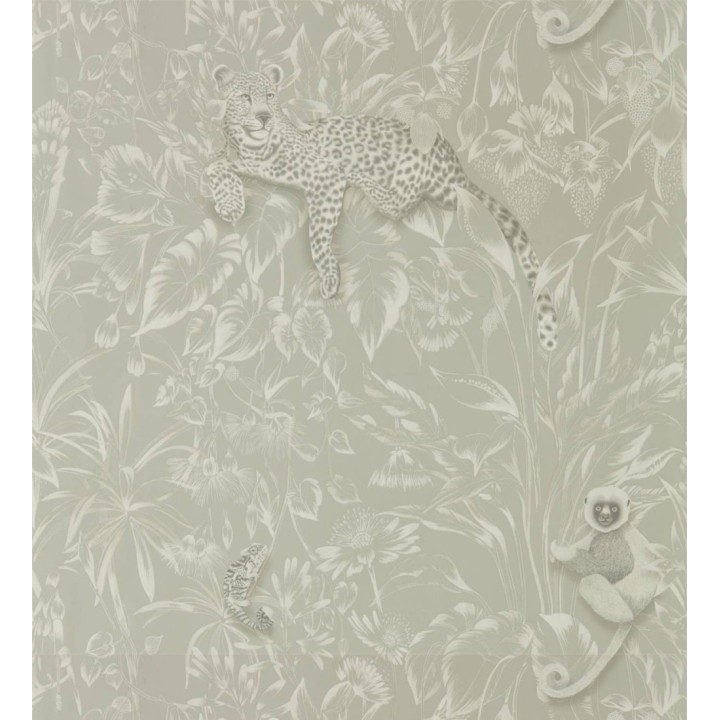 Papel pintado leopardos y monos sobre hojas tonos claros - Mugamba Jungle 127469