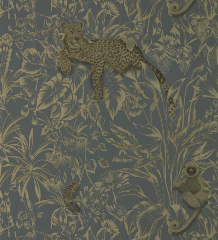 Papel pintado leopardos y monos sobre hojas tonos oscuros - Mugamba Jungle 127470