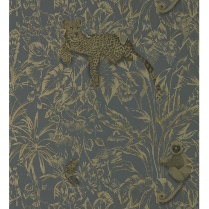 Papel pintado leopardos y monos sobre hojas tonos oscuros - Mugamba Jungle 127470