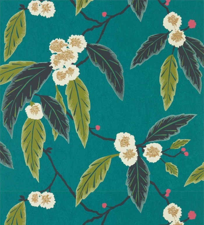 Papel pintado hojas y flores fondo verde - Kenzou Bloom 127483