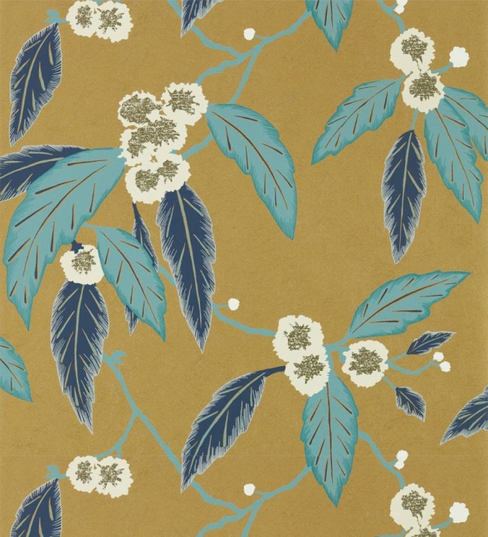 Papel pintado hojas y flores fondo ocre - Kenzou Bloom 127484