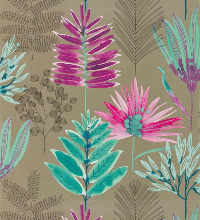 Papel pintado hojas silvestres turquesa y rosa - Harper Bloom 127508