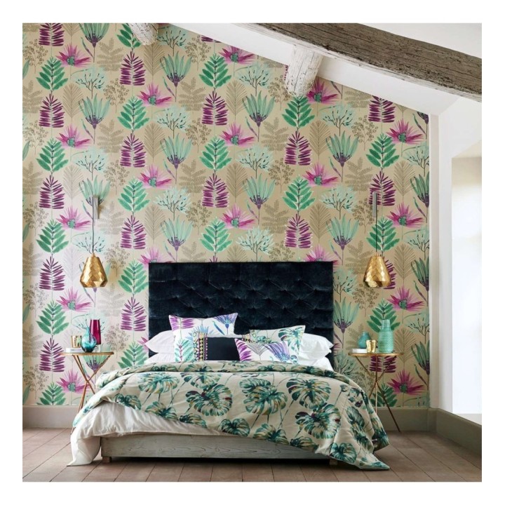 Papel pintado hojas silvestres turquesa y rosa - Harper Bloom 127508