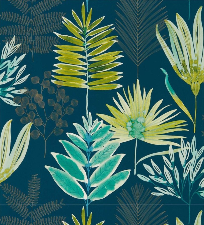 Papel pintado hojas silvestres verdes y turquesas - Harper Bloom 127509