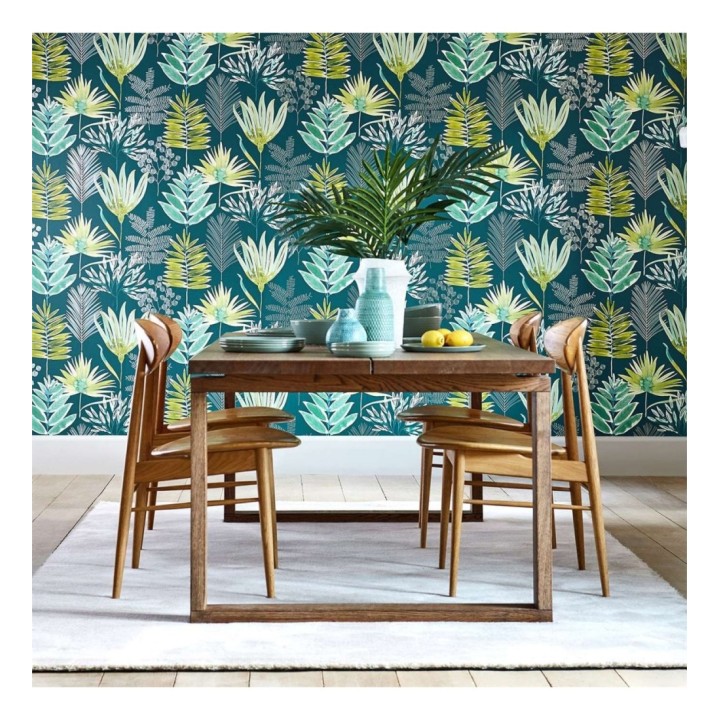 Papel pintado hojas silvestres verdes y turquesas - Harper Bloom 127509