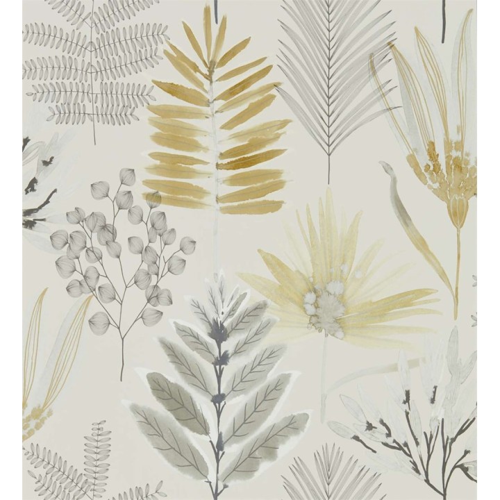 Papel pintado hojas silvestres grises y ocres - Harper Bloom 127510