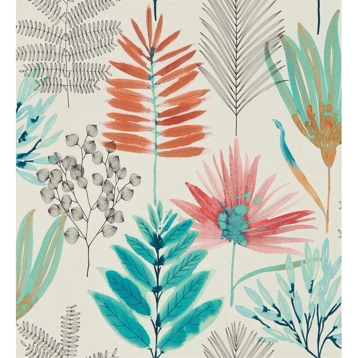Papel pintado hojas silvestres turquesa y ocres - Harper Bloom 127511