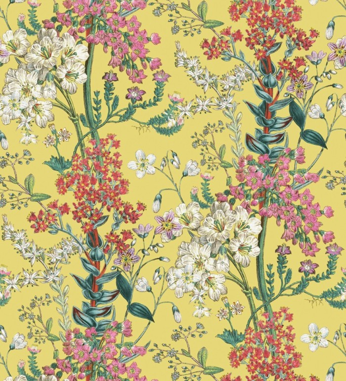 Papel pintado florecillas silvestres en rama fondo amarillo - Kaila Flowers 127517