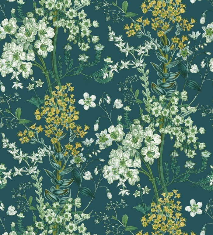 Papel pintado florecillas silvestres en rama fondo verde oscuro - Kaila Flowers 127518