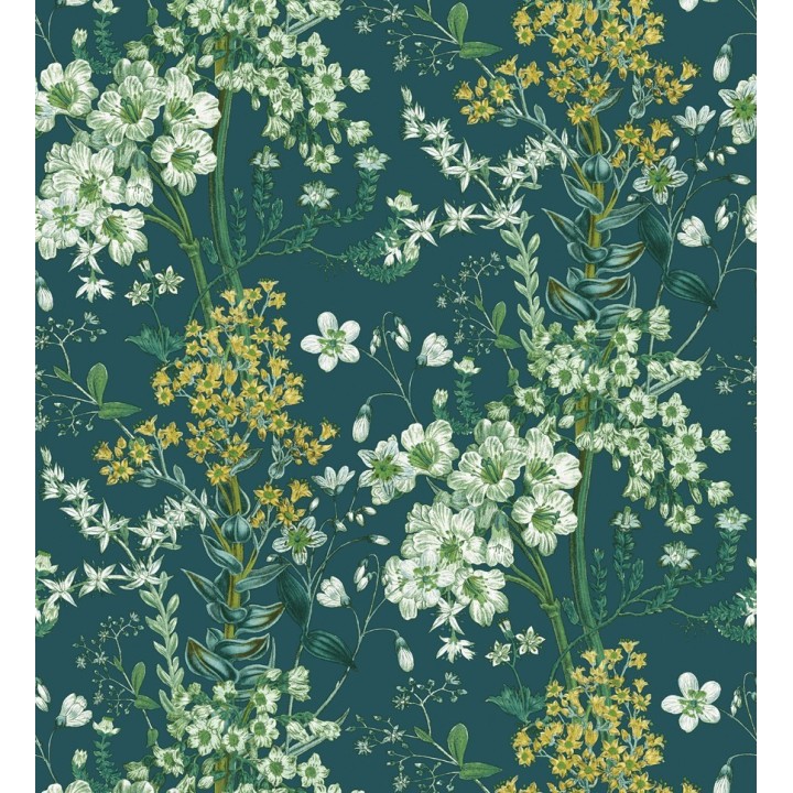 Papel pintado florecillas silvestres en rama fondo verde oscuro - Kaila Flowers 127518