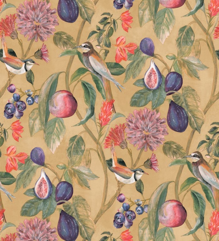 Papel pintado naturaleza, pájaros y frutas fondo arena - Sandy Bloom 127524