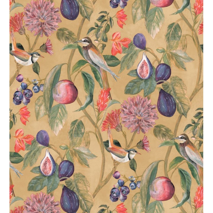 Papel pintado naturaleza, pájaros y frutas fondo arena - Sandy Bloom 127524