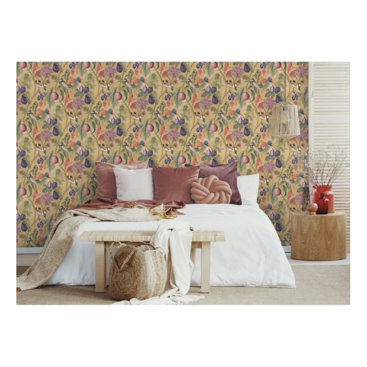 Papel pintado naturaleza, pájaros y frutas fondo arena - Sandy Bloom 127524