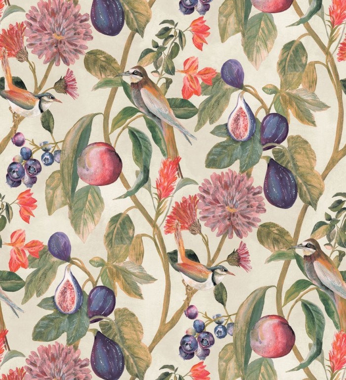 Papel pintado naturaleza, pájaros y frutas fondo claro - Sandy Bloom 127525