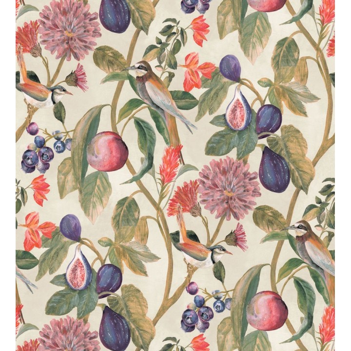 Papel pintado naturaleza, pájaros y frutas fondo claro - Sandy Bloom 127525