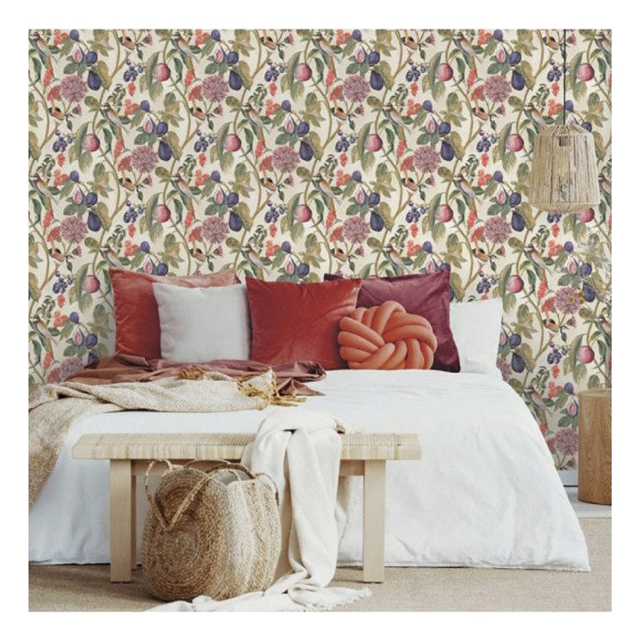 Papel pintado naturaleza, pájaros y frutas fondo claro - Sandy Bloom 127525