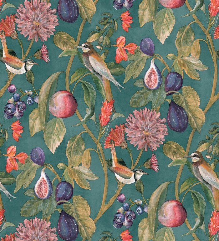 Papel pintado naturaleza, pájaros y frutas fondo verde - Sandy Bloom 127526