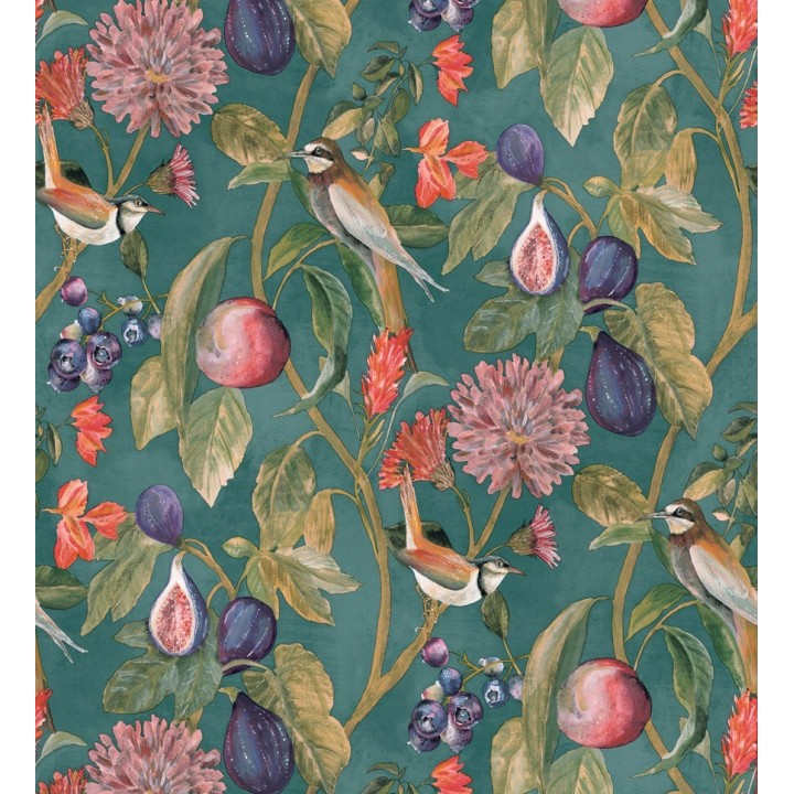 Papel pintado naturaleza, pájaros y frutas fondo verde - Sandy Bloom 127526