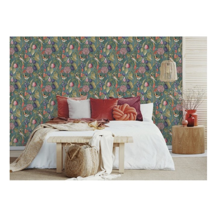 Papel pintado naturaleza, pájaros y frutas fondo verde - Sandy Bloom 127526