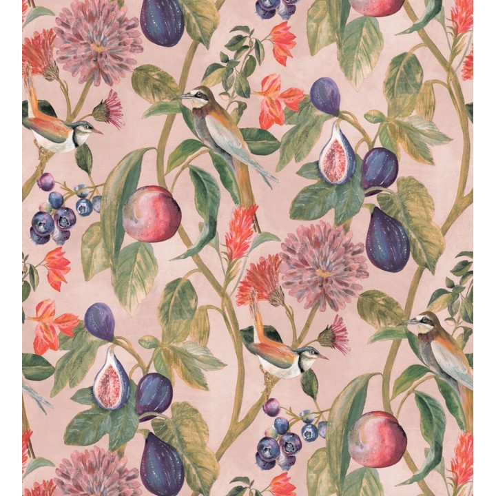Papel pintado naturaleza, pájaros y frutas fondo rosa claro - Sandy Bloom 127527