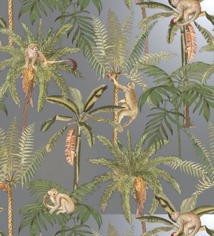 Papel pintado monos y palmeras fondo gris metalizado - Bali Monkeys 127528
