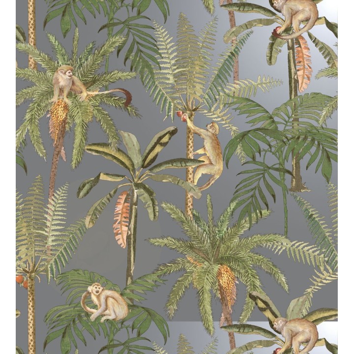 Papel pintado monos y palmeras fondo gris metalizado - Bali Monkeys 127528