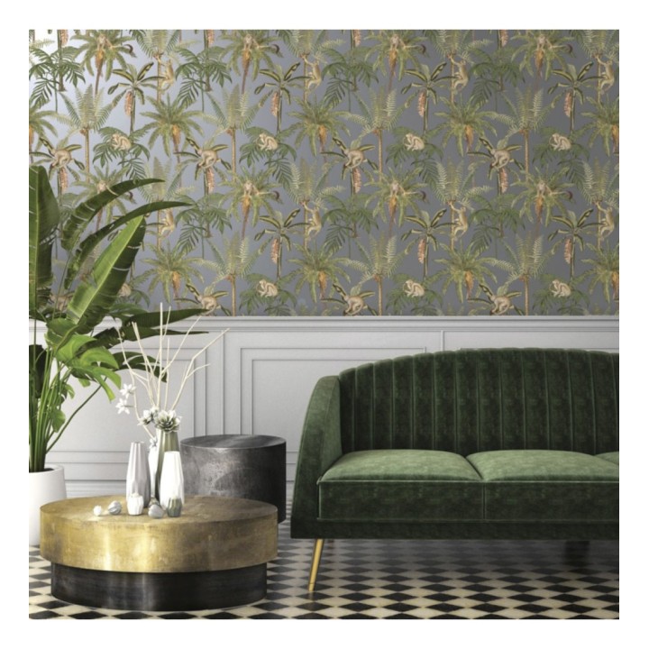 Papel pintado monos y palmeras fondo gris metalizado - Bali Monkeys 127528