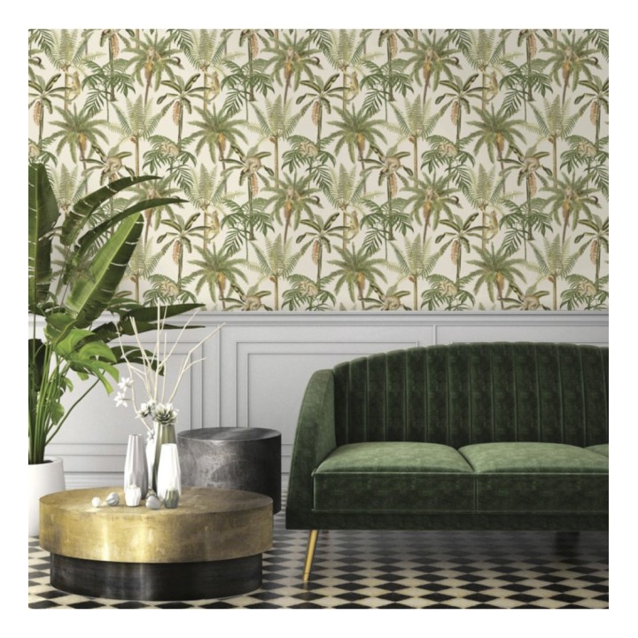 Papel pintado monos y palmeras fondo beige claro - Bali Monkeys 127529