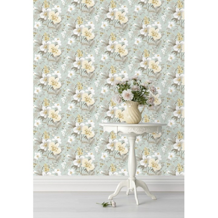 Papel pintado flores fondo verde pálido - Adele Garden 127536