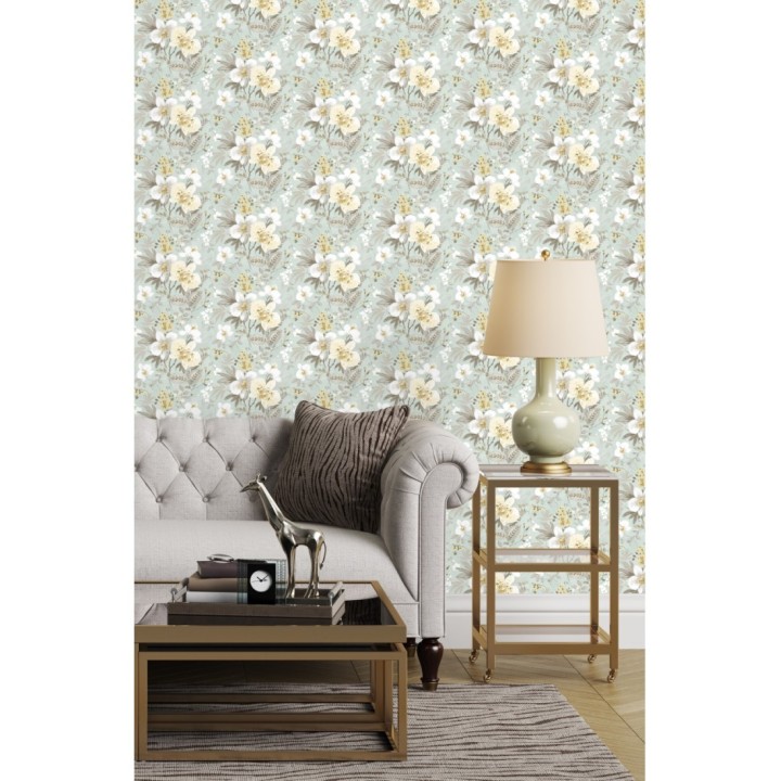 Papel pintado flores fondo verde pálido - Adele Garden 127536