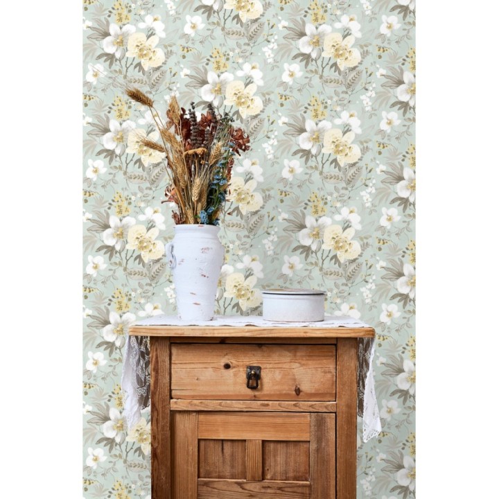 Papel pintado flores fondo verde pálido - Adele Garden 127536