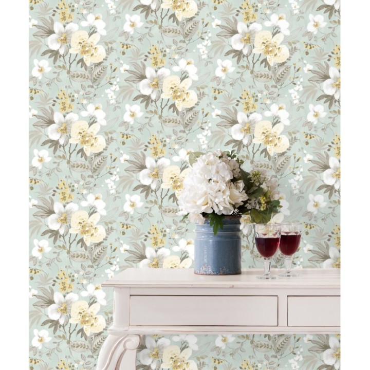 Papel pintado flores fondo verde pálido - Adele Garden 127536