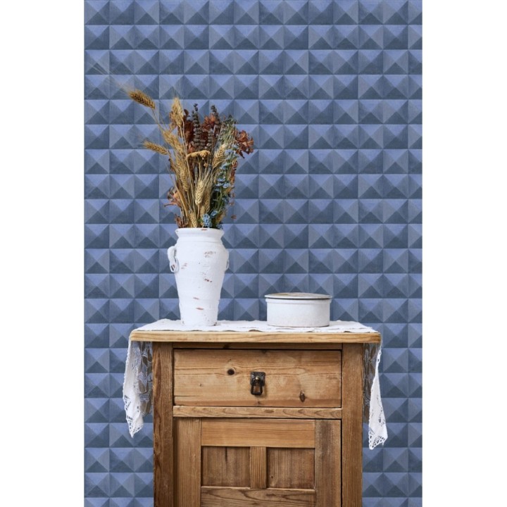 Papel pintado geométrico efecto tridimensional azul - Rodion 127656