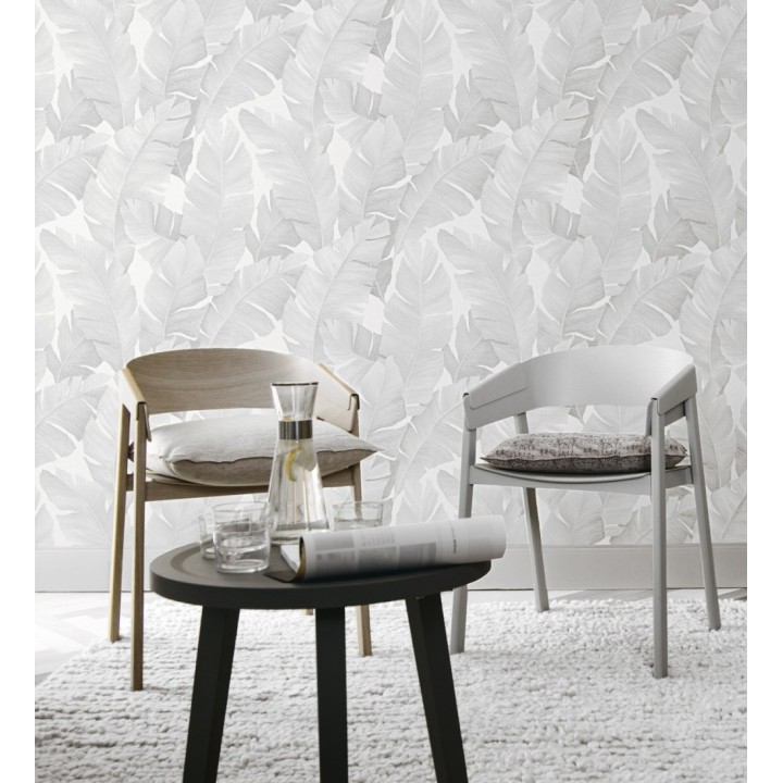 Papel pintado hojas grandes estilo tropical gris claro - Florida Palms 127657