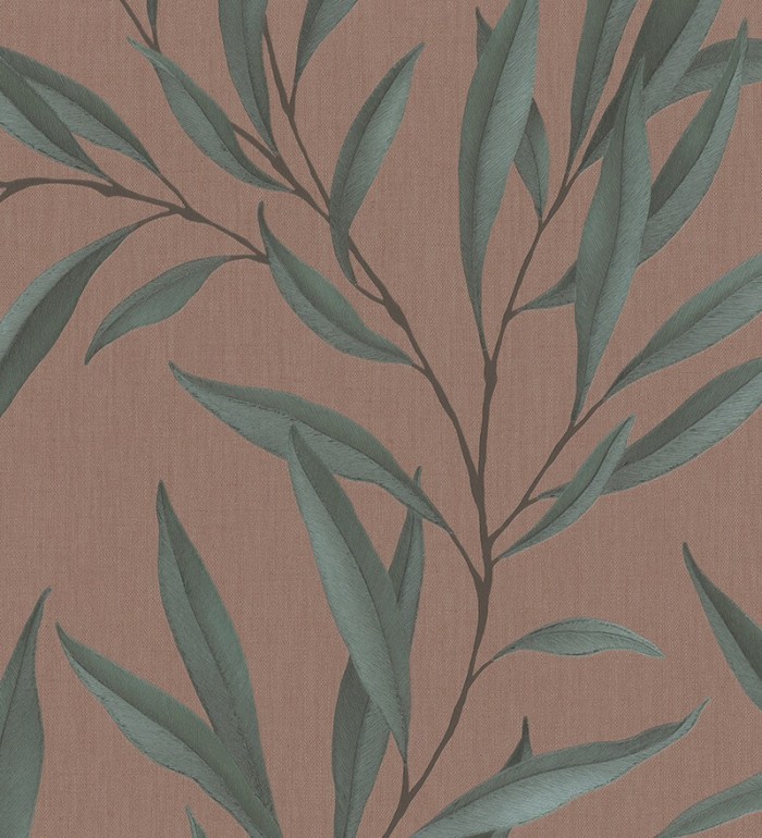 Papel pintado hojas alargadas verdes y fondo marrón - Valley Leaves 127665