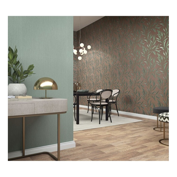 Papel pintado hojas alargadas verdes y fondo marrón - Valley Leaves 127665
