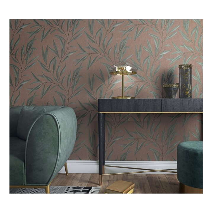 Papel pintado hojas alargadas verdes y fondo marrón - Valley Leaves 127665