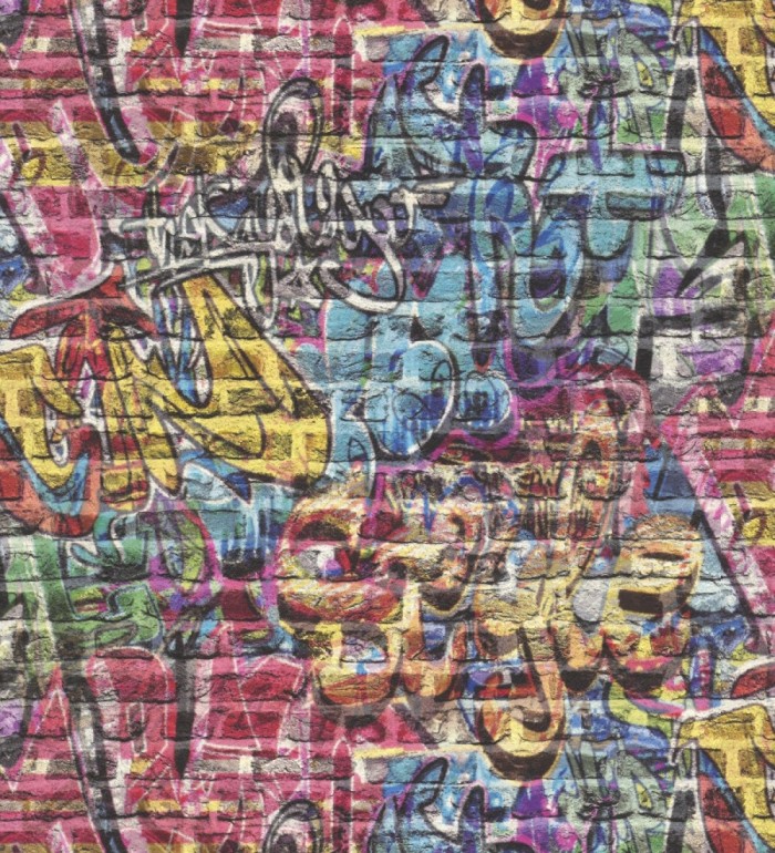 Papel pintado juvenil muro de ladrillo con graffiti - Urban Flow 127676