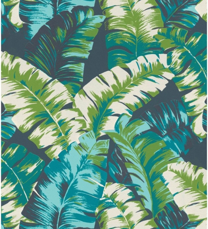 Papel pintado hojas grandes estilo tropical verde y azul - Sunset Palms 127698