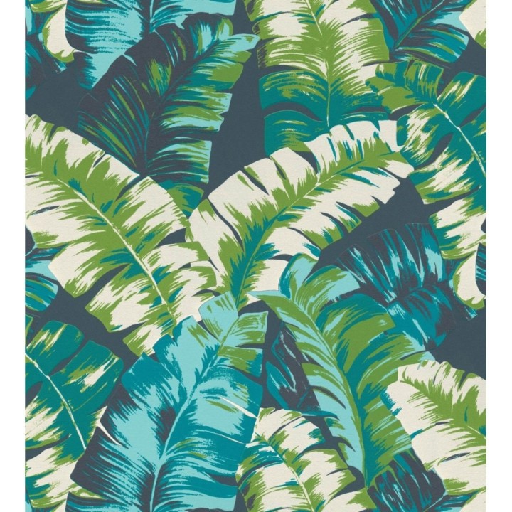 Papel pintado hojas grandes estilo tropical verde y azul - Sunset Palms 127698