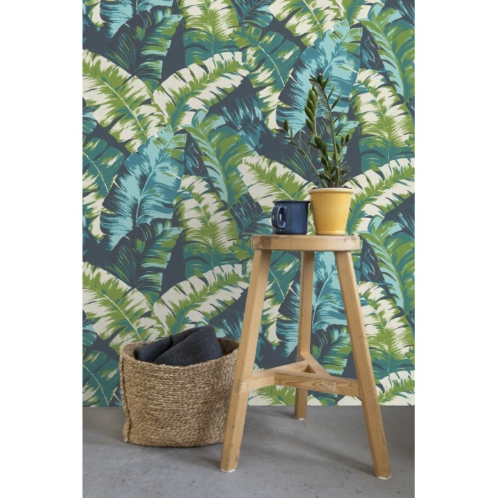 Papel pintado hojas grandes estilo tropical verde y azul - Sunset Palms 127698