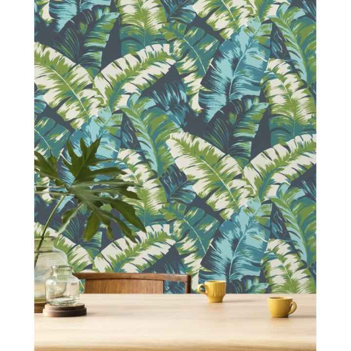 Papel pintado hojas grandes estilo tropical verde y azul - Sunset Palms 127698